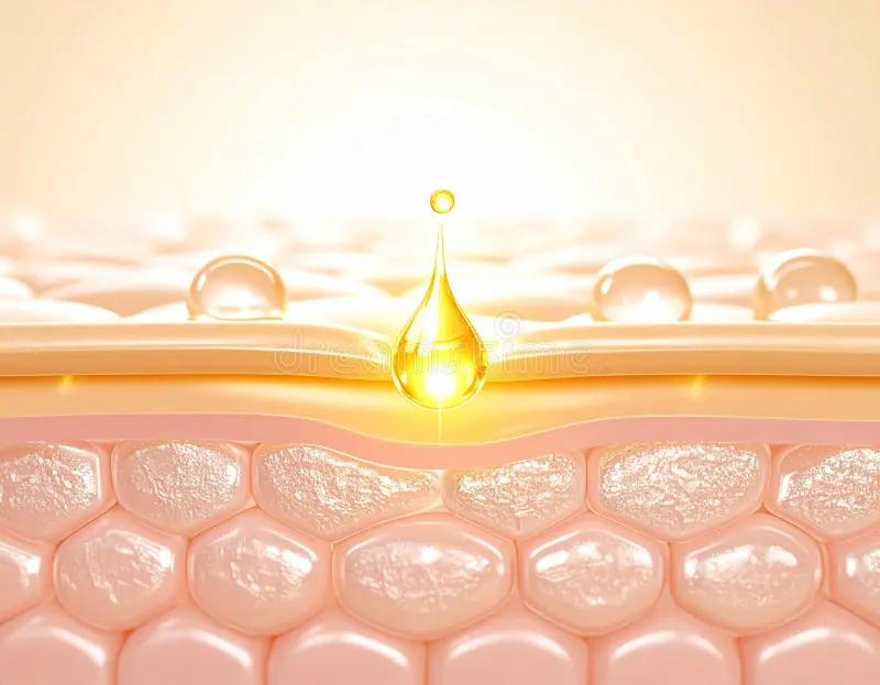 hidratación y reparación de la piel una ilustración estilizada closeup muestra sección cruzada capas con gota aceite dorado 392864869